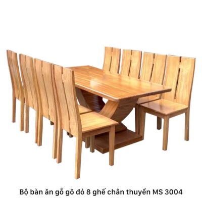 Bộ bàn ăn gỗ gõ đỏ 8 ghế chân thuyền MS 3004