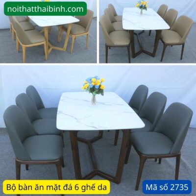 Bộ bàn ăn mặt đá 6 ghế da MS 2735