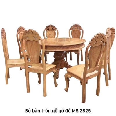Bộ bàn ăn tròn gỗ gõ đỏ tự nhiên 8 ghế MS 2925