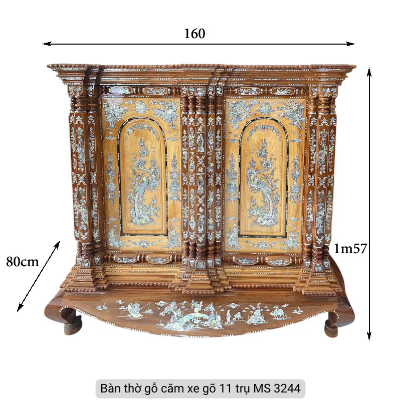 Tủ thờ gỗ căm xe gõ 11 trụ cẩn xà cừ MS 3244 - Hình ảnh 5
