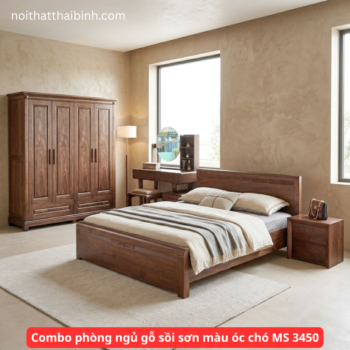 Combo phòng ngủ gỗ sồi sơn màu óc chó MS 3450