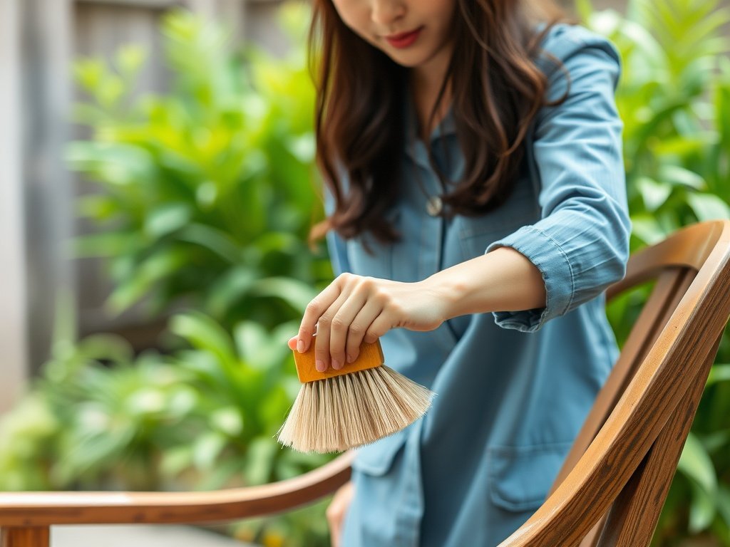 Vietnamese woman cleaning wooden chair