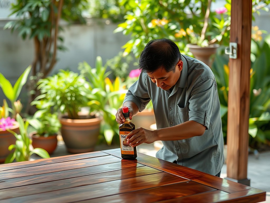 Vietnamese man applying oil to wooden table