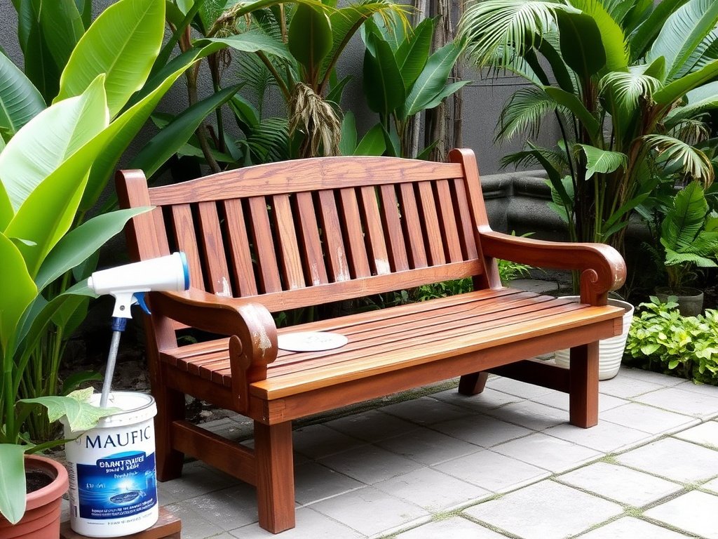 Wooden bench with waterproofing solution