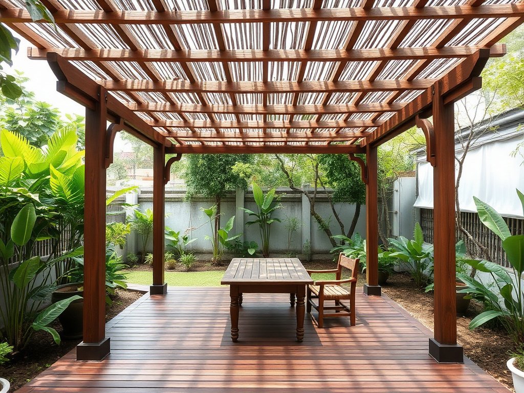 Covered wooden patio set in Vietnamese garden