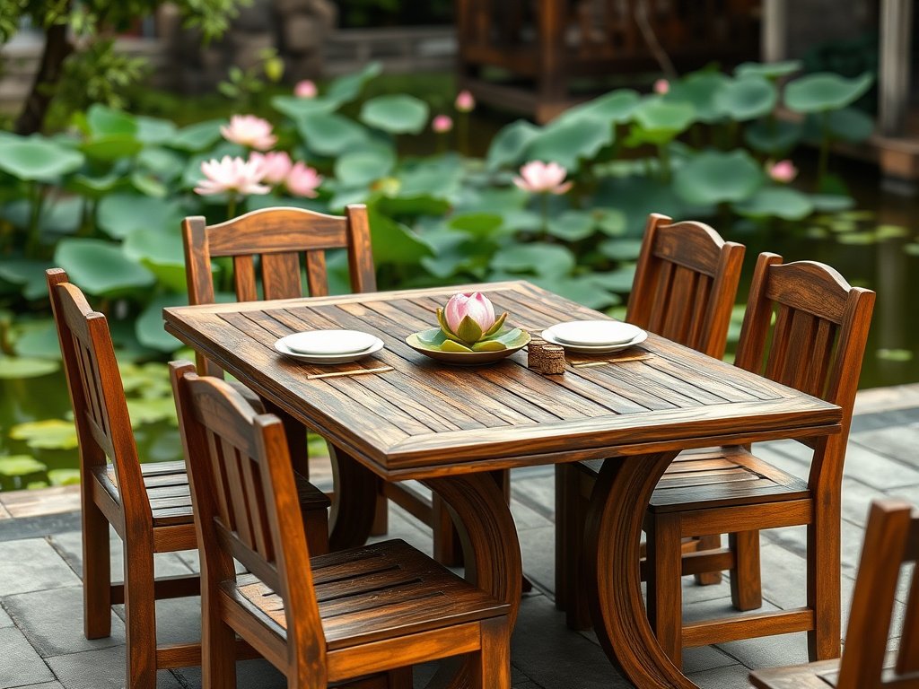 Vietnamese dining setup with treated wooden furniture