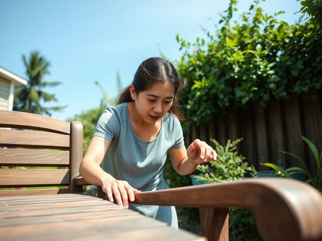 Vietnamese woman inspecting garden furniture