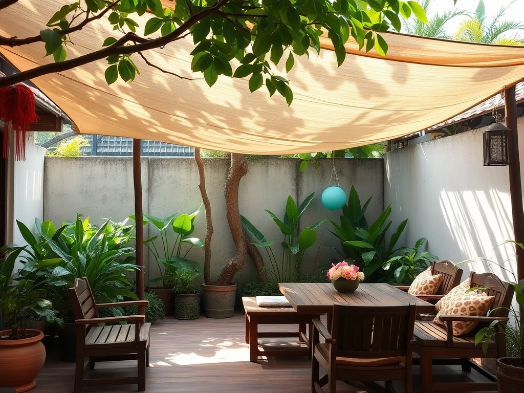 Garden scene with bạt che over wooden furniture