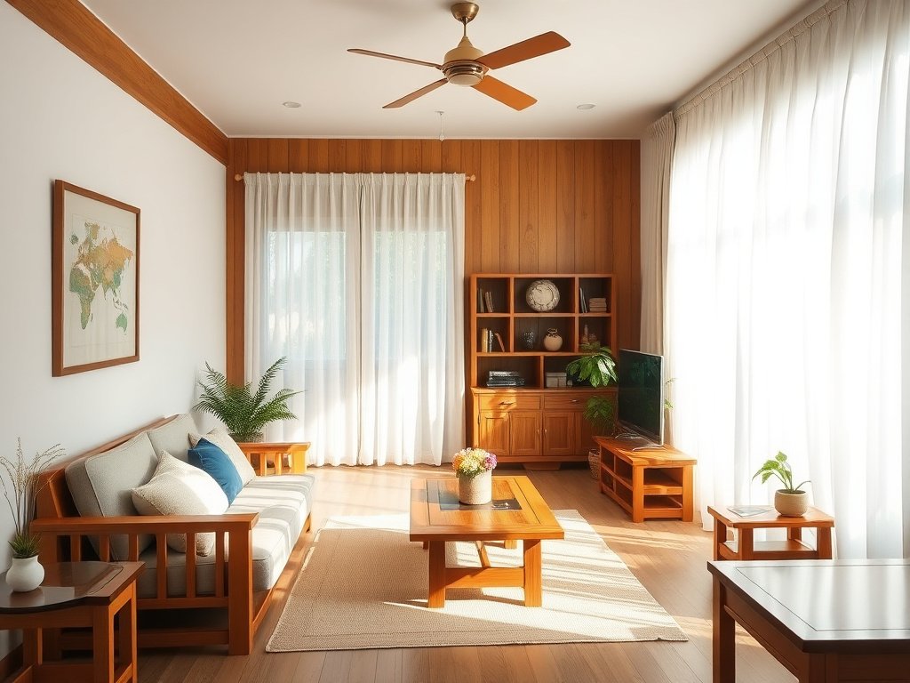 Bức ảnh nội thất phòng khách Việt Nam với đồ gỗ tự nhiên