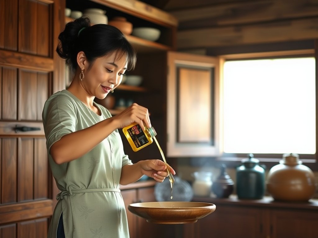 Phụ nữ Việt Nam lau dầu oliu lên tủ gỗ