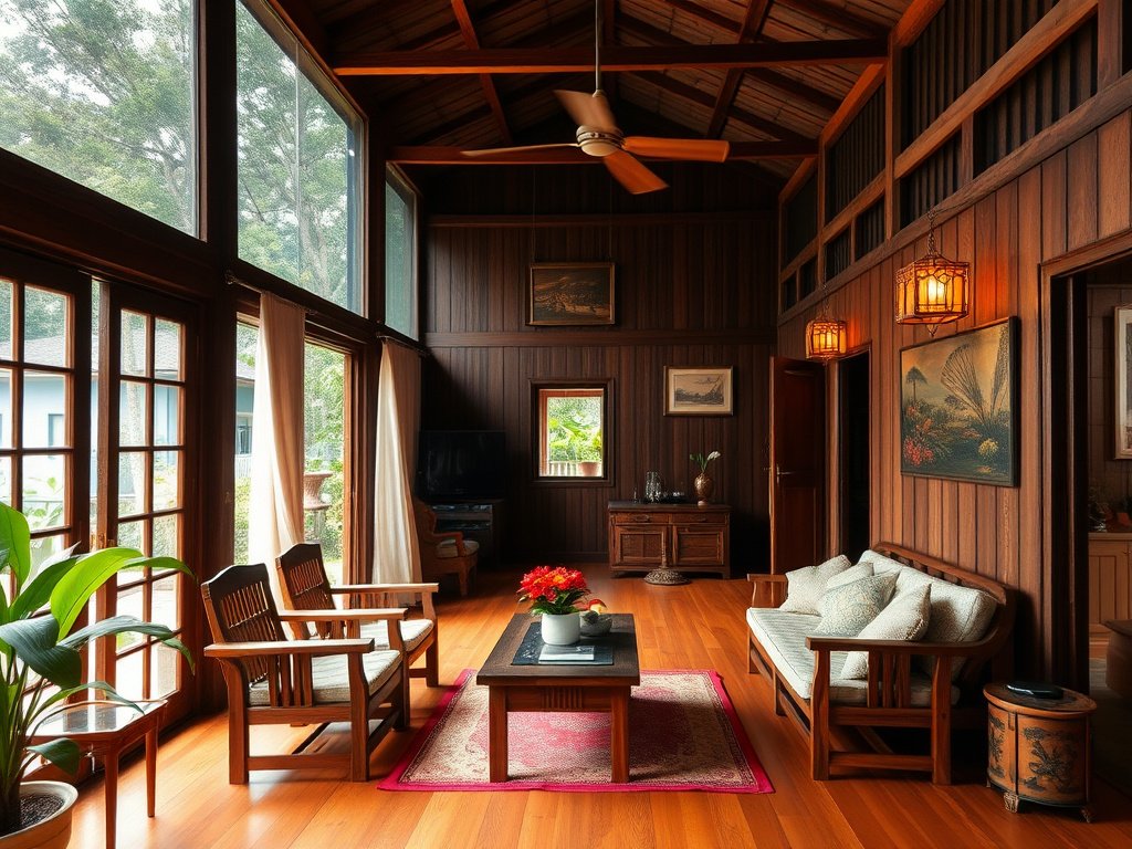 Interior of a Vietnamese home with wooden furniture in a humid climate