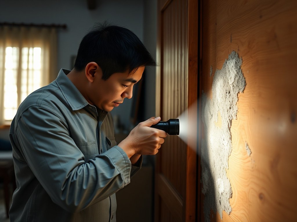 Vietnamese man inspecting mold on wood with a flashlight