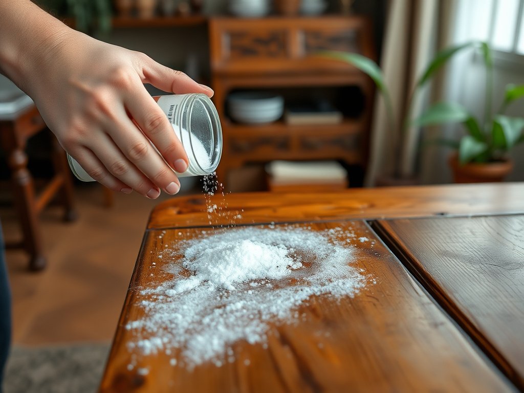 Applying baking soda mixture on moldy wooden furniture in Vietnam