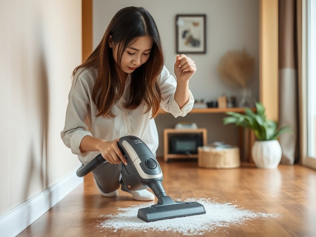 Vacuum cleaning wooden furniture in a Vietnamese home