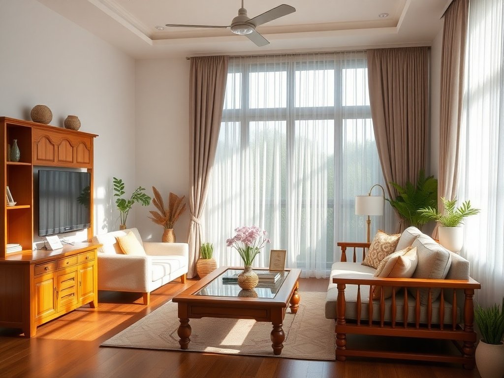 Clean Vietnamese living room with well-maintained wooden furniture