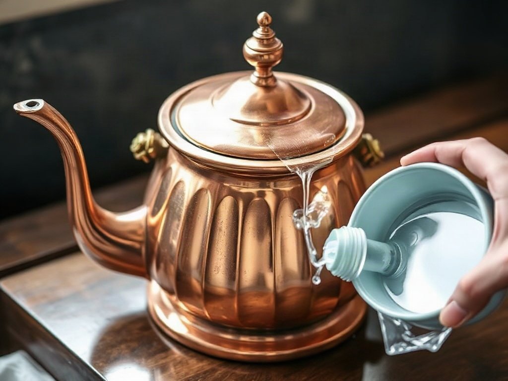 Ấm đồng được làm sạch bằng hỗn hợp giấm.