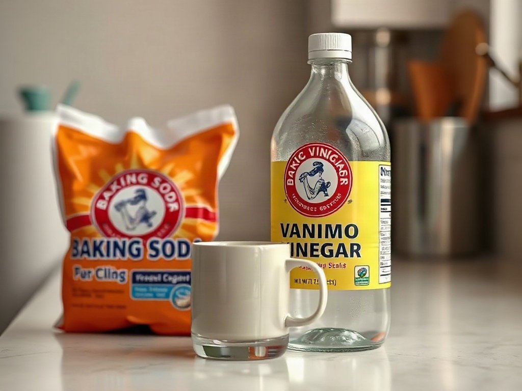 Baking soda và giấm cạnh cốc gốm trên bàn bếp