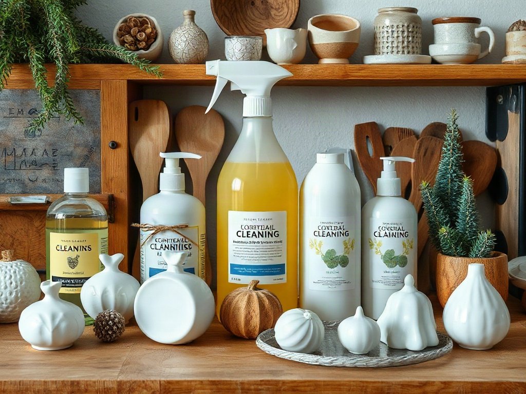 Bàn làm việc với các sản phẩm làm sạch tự nhiên và đồ gốm trang trí