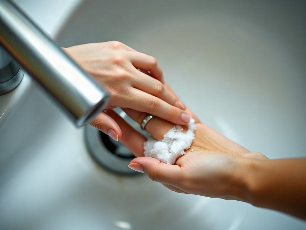 Bàn tay người Việt bôi xà phòng lên bồn rửa.