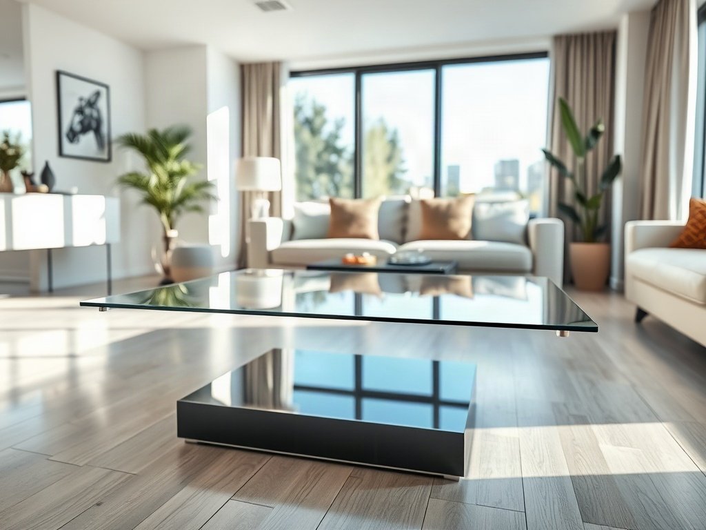 Bàn trà kính sạch bóng trong phòng khách phong cách