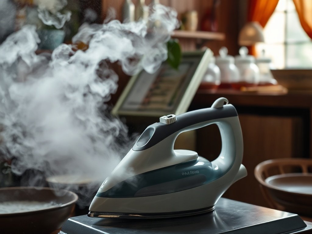 Bàn ủi hơi nước phun ra hơi nước sạch trong không gian gia đình Việt.
