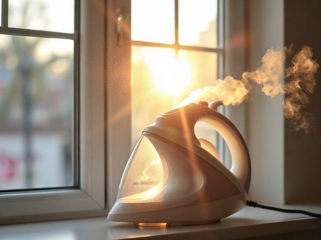 Bàn ủi hơi nước sạch phản chiếu ánh nắng qua cửa sổ.