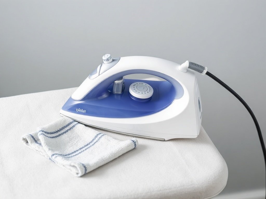 Bàn ủi hơi nước trên bàn có khăn microfiber kề bên.