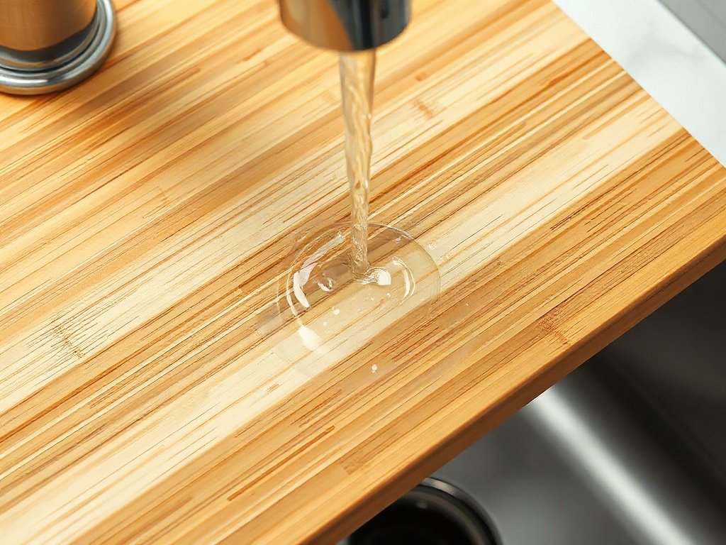 Bề mặt thớt tre dưới vòi nước, hiển thị chi tiết kết cấu tre.