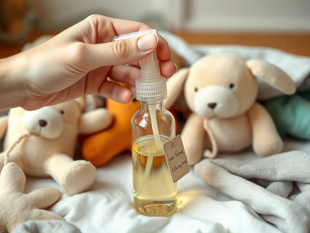 Bình xịt tự chế tự nhiên được áp dụng lên đồ chơi vải.