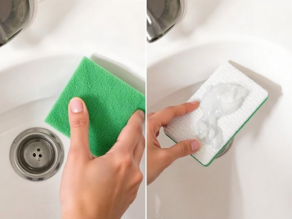 Bông rửa bề mặt bồn rửa, cho thấy kết quả sạch sẽ.