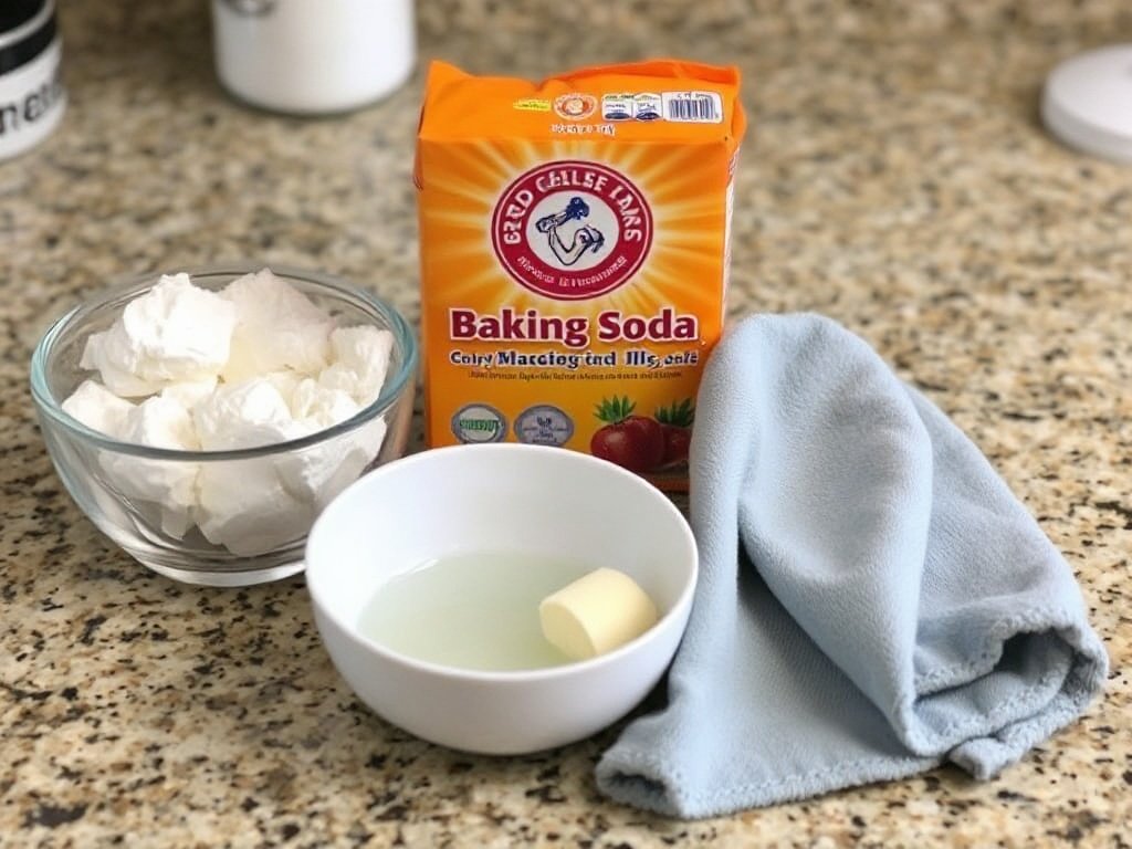 Bột baking soda, bát nước và khăn trên bàn, nguyên liệu làm sạch gương