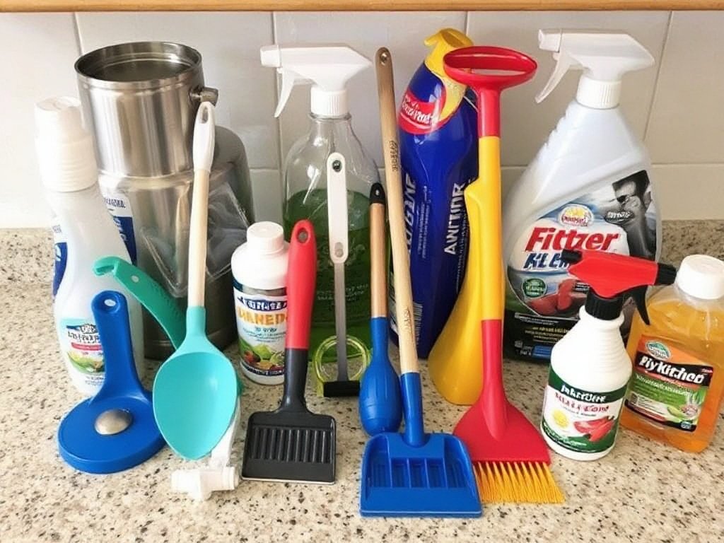 Các dụng cụ và vật dụng vệ sinh nhà bếp xếp gọn gàng trên quầy