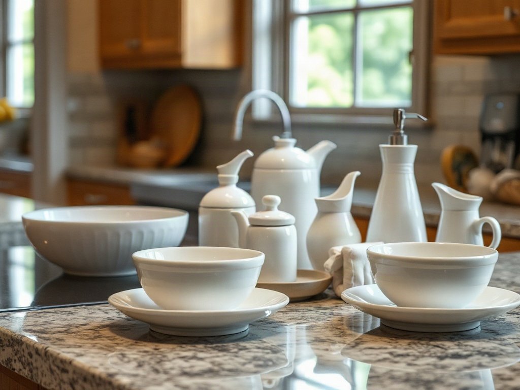 Các món đồ gốm sứ sáng bóng cuối cùng được sắp xếp trên quầy bếp.