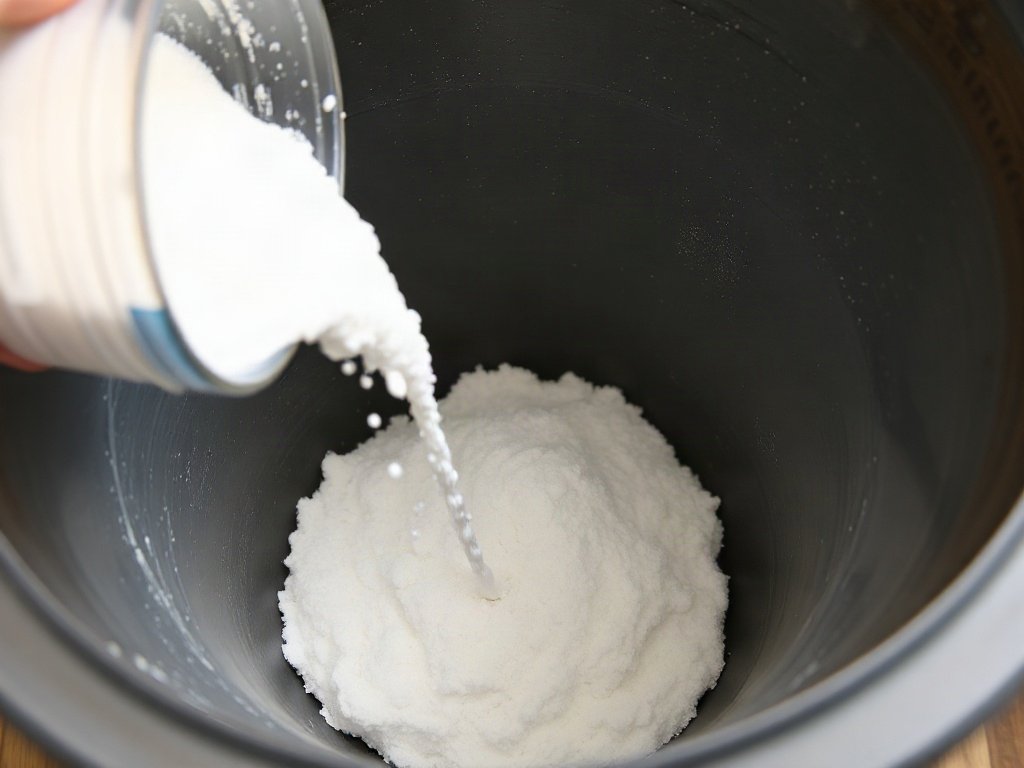 Cận cảnh đổ baking soda vào thùng rác nhỏ.