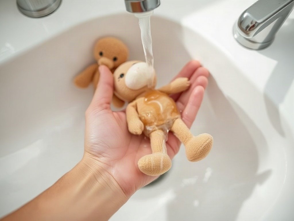 Cận cảnh đồ chơi vải được giặt bằng xà phòng dịu nhẹ trong bồn rửa.