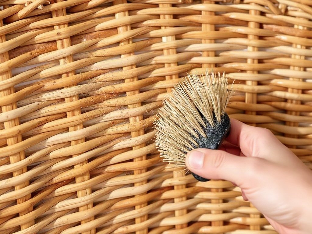 Cận cảnh ghế mây tre với bàn tay đang lau bụi.