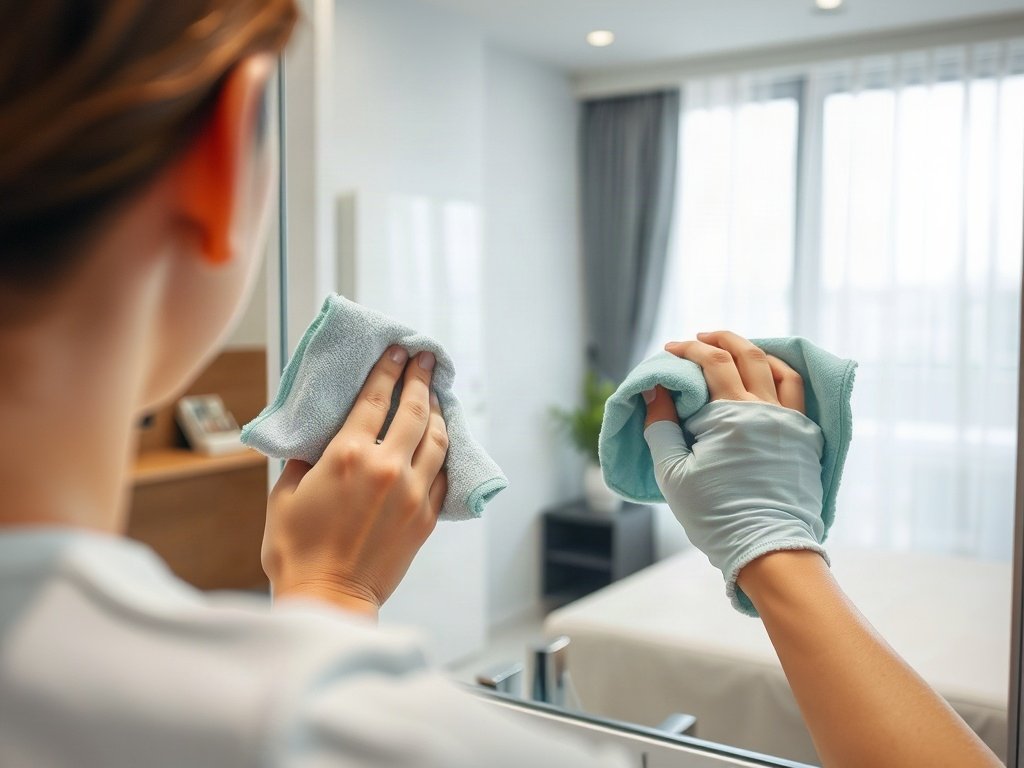 Cận cảnh người dùng khăn vi sợi để lau gương trong căn hộ Việt Nam hiện đại.