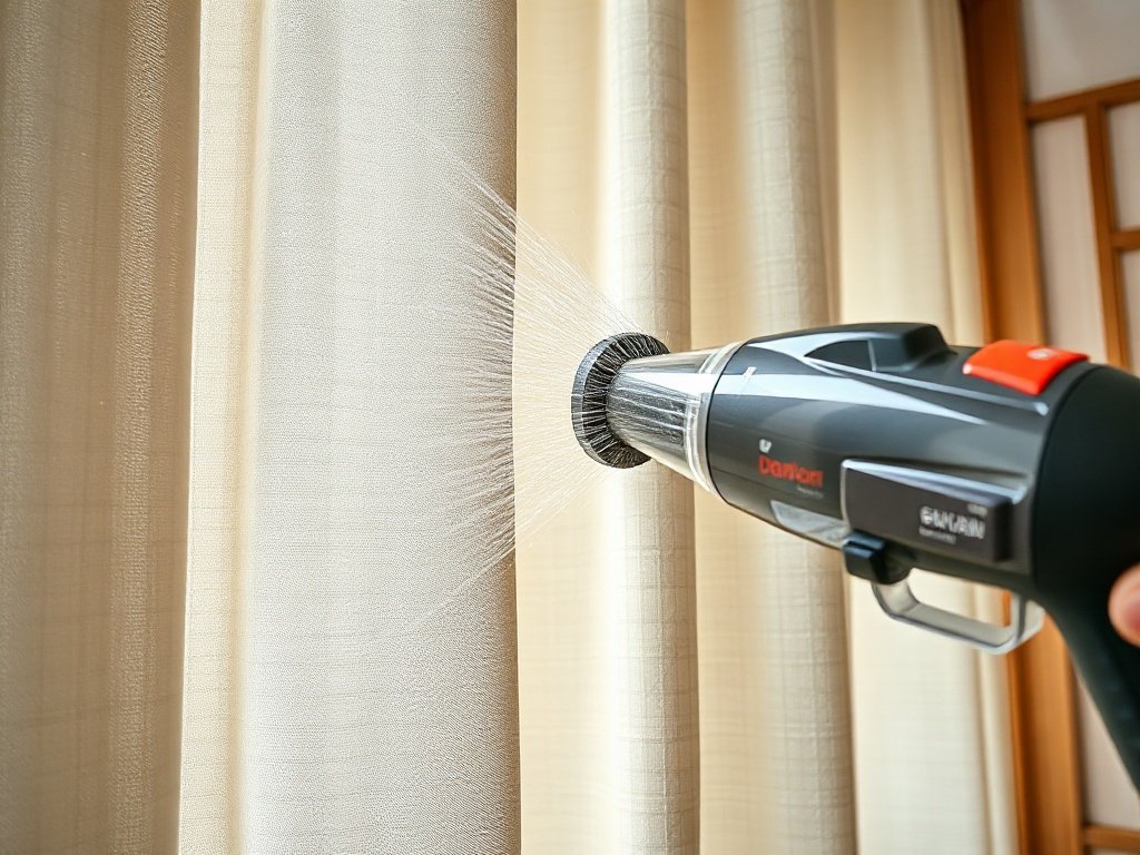 Cận cảnh rèm cửa được hút bụi chi tiết.
