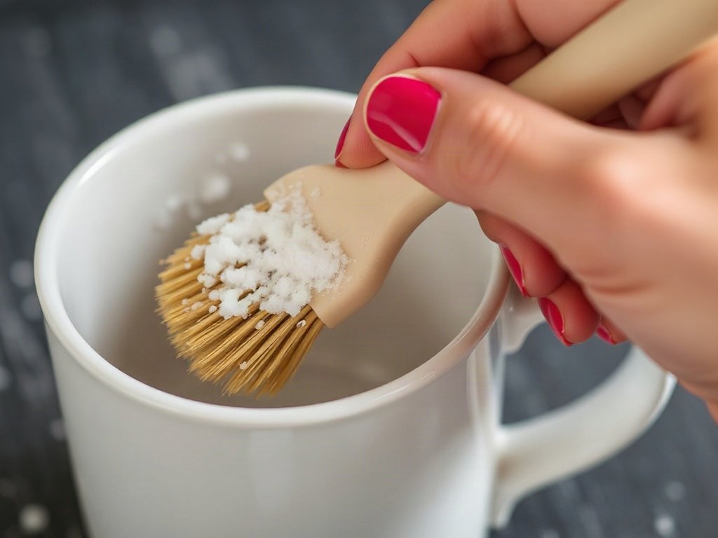 Cận cảnh tay đang chà một chiếc cốc gốm bằng bàn chải mềm và baking soda.
