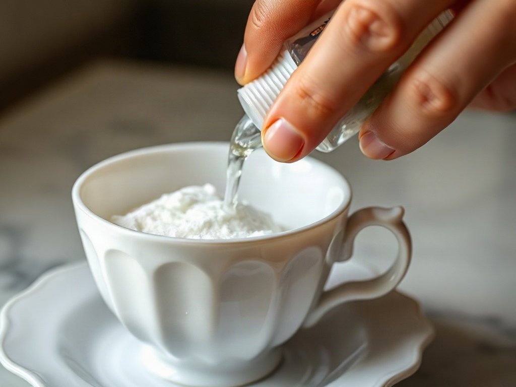 Cận cảnh tay dùng dung dịch baking soda lên tách trà sứ.