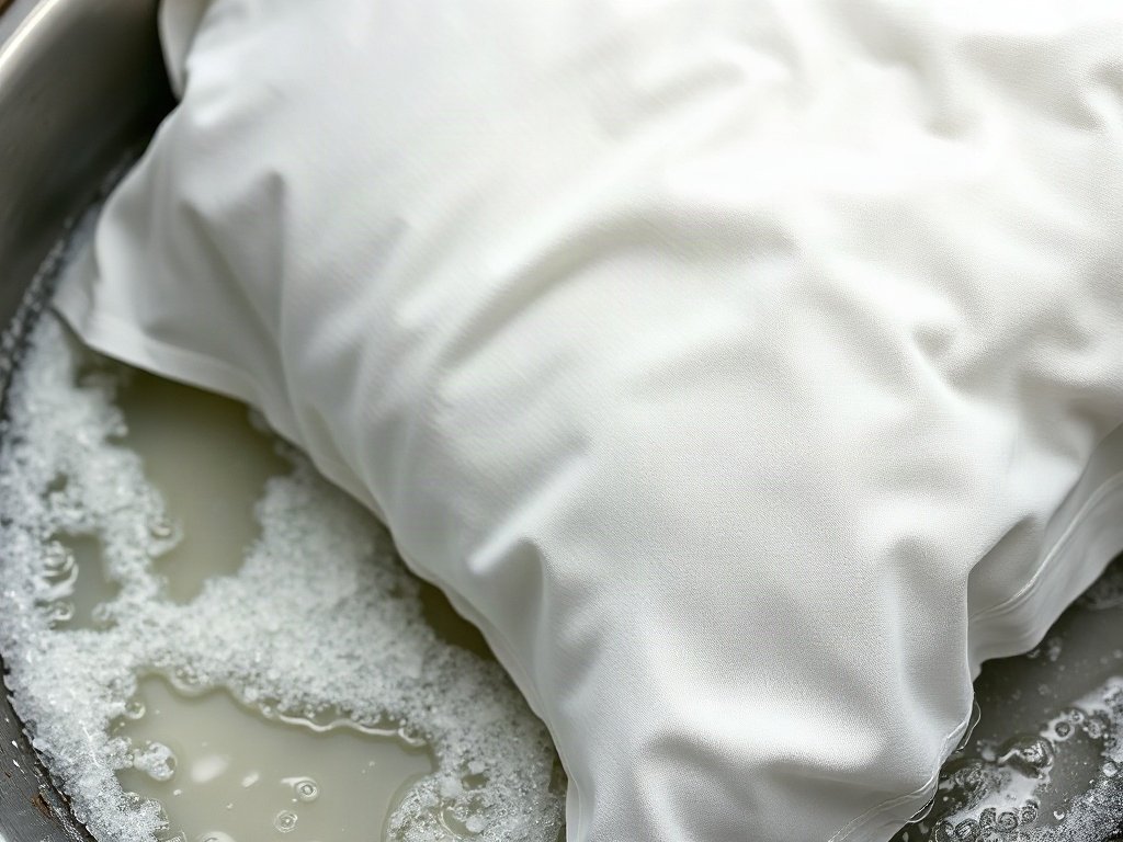 Cận cảnh vỏ gối được giặt bằng bột giặt nhẹ nhàng trong không gian giặt ủi Việt Nam.