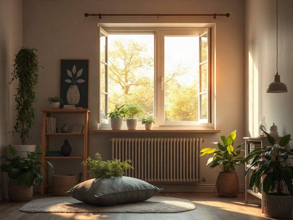 Căn phòng với cửa sổ mở thông gió chống nấm mốc