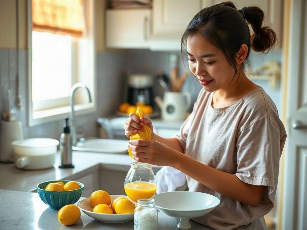 Cảnh bếp sáng với người Việt làm hỗn hợp từ chanh và muối để làm sạch đồ sứ.
