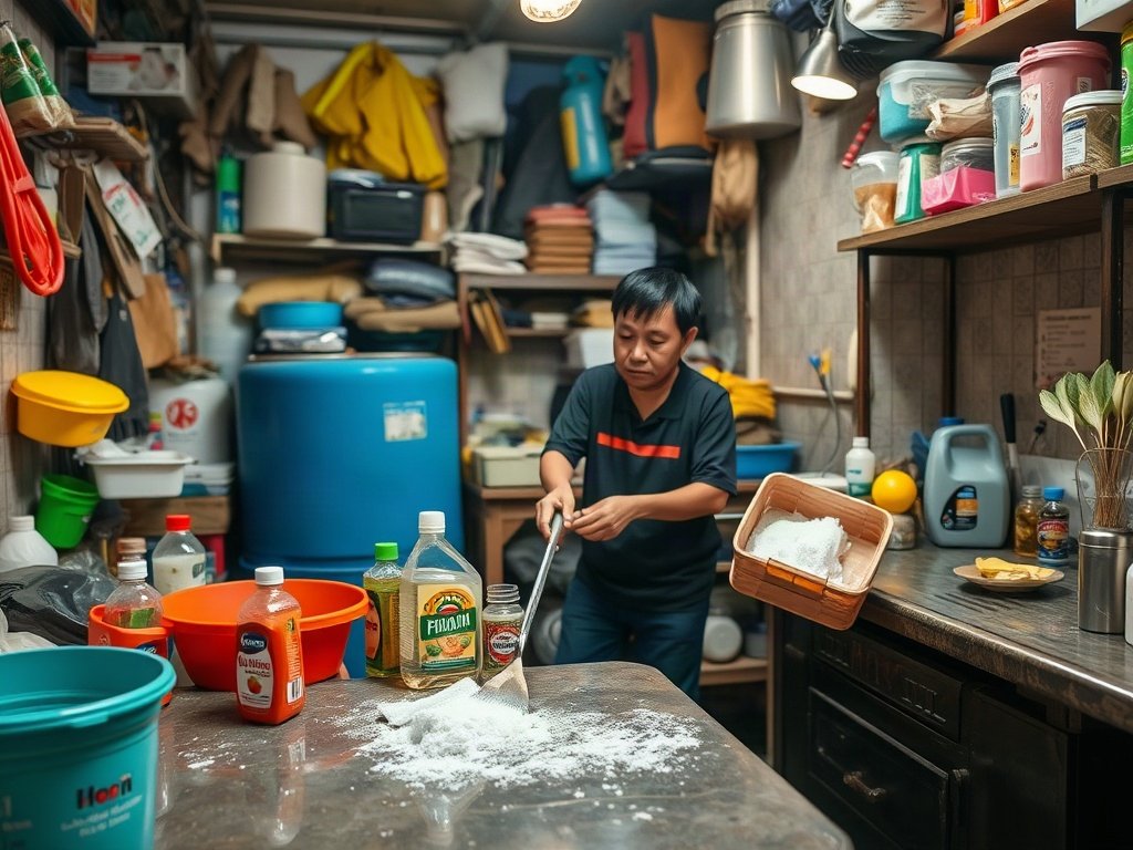 Cảnh bếp Việt với người dùng dầu và baking soda