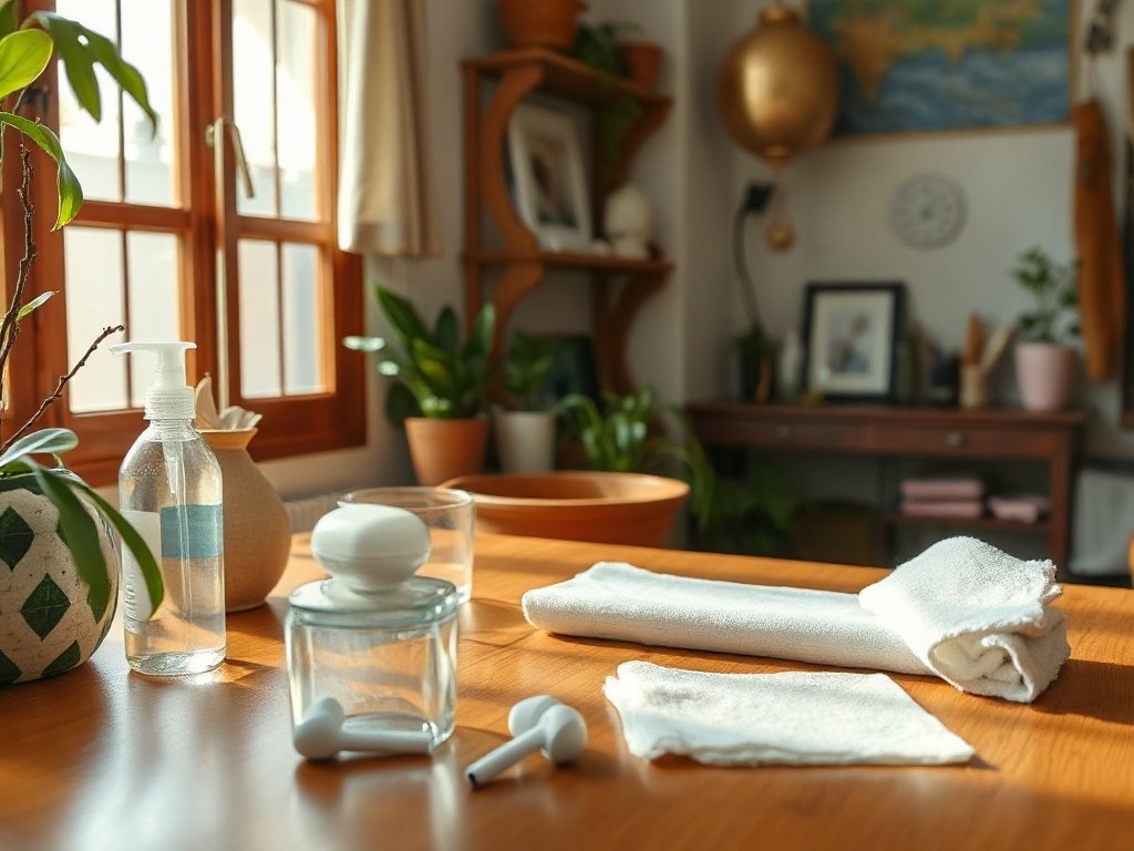 Cảnh nhà Việt Nam với tai nghe không dây và vật liệu vệ sinh