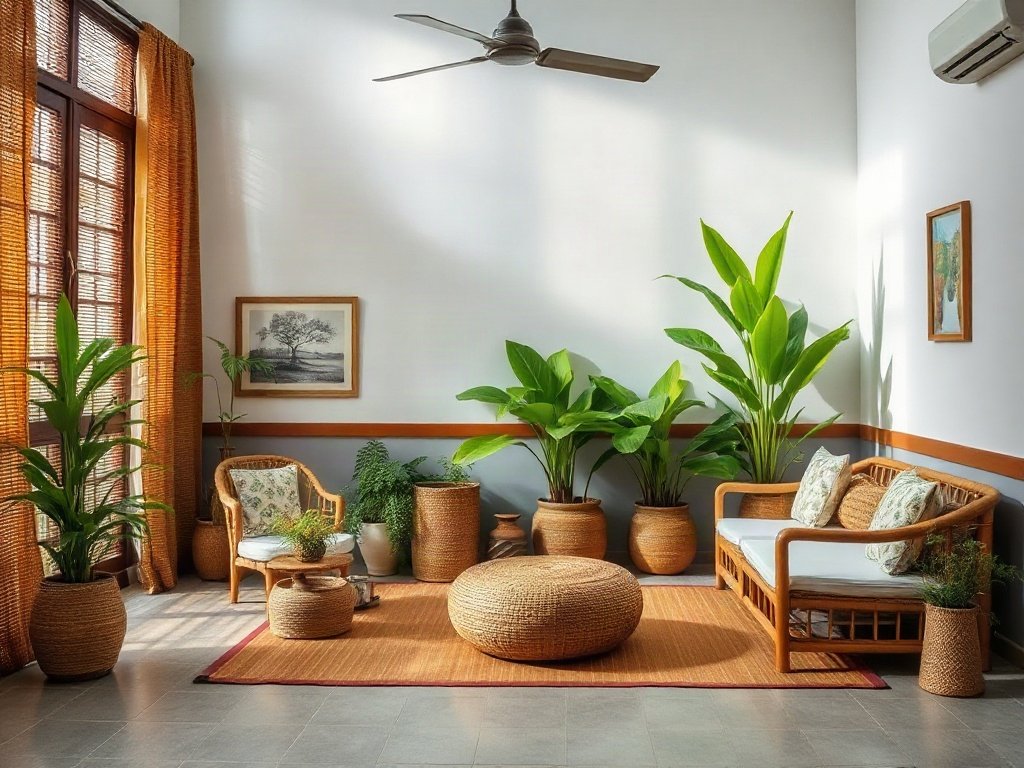 Cảnh yên bình trong nhà Việt với trang trí và nội thất tre, nêu bật lối sống thân thiện môi trường.