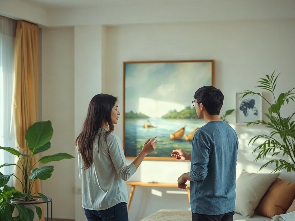 Cặp đôi Việt kiểm tra tranh dưới ánh sáng tự nhiên