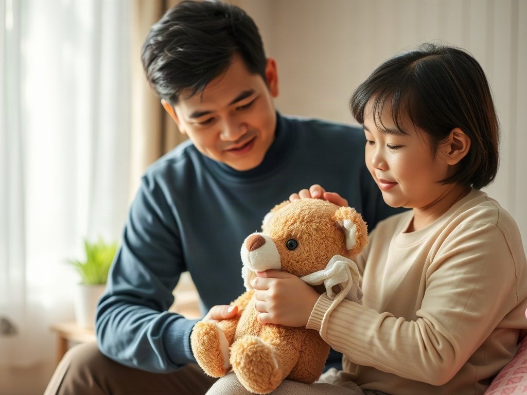 Cha mẹ Việt Nam lau đồ chơi nhồi bông bằng khăn, dưới ánh sáng tự nhiên