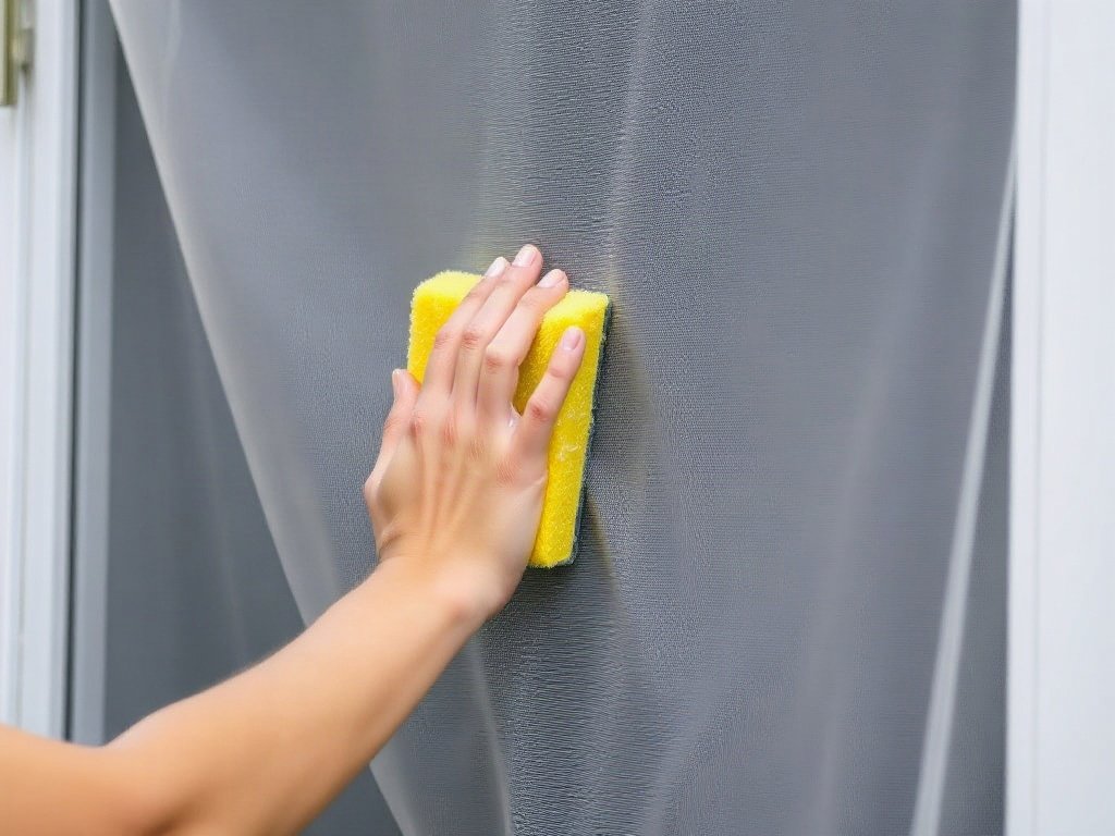 Chà rửa cửa lưới chống muỗi bằng miếng xốp.