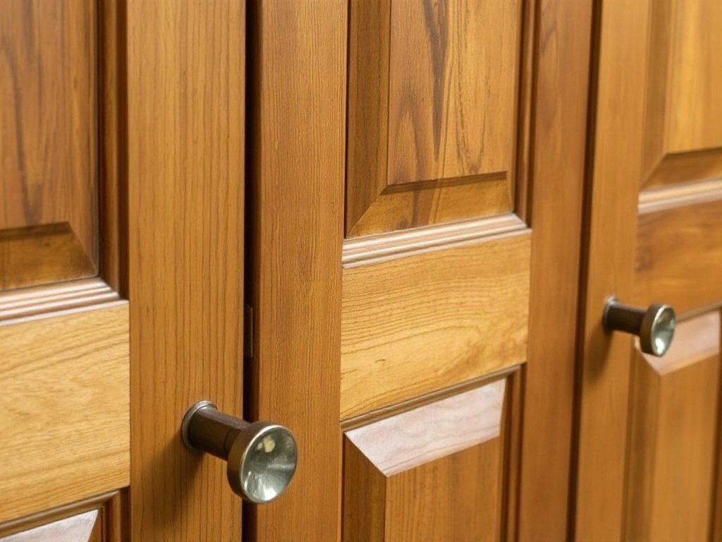 Chi tiết tay nắm và bản lề tủ gỗ 5 cánh, thể hiện tay nghề thủ công